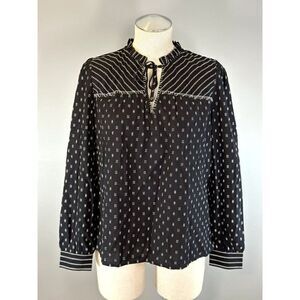 Loft NWT Clip Stripe Ruffle Tie Neck Blouse in Black Size S